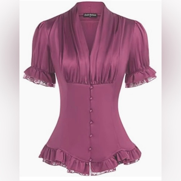 SCARLET DARKNESS Renaissance Goth Short Puff Sleeve Sweetheart Collar Corset Top - Picture 1 of 16